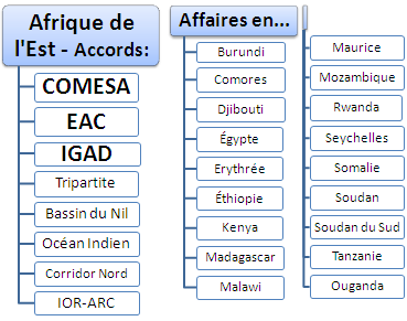 Commerce international et affaires en Afrique de l’Est (le Burundi, les Comores, Djibouti, l’Égypte, l’Érythrée, l’Éthiopie, le Kenya, Madagascar, le Malawi, l’Île Maurice, le Mozambique, l’Ouganda, le Rwanda, les Seychelles, la Somalie, le Soudan, le Soudan du Sud et la Tanzanie)