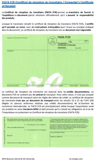 Certificat de réception du transitaire (FIATA FCR), Cours