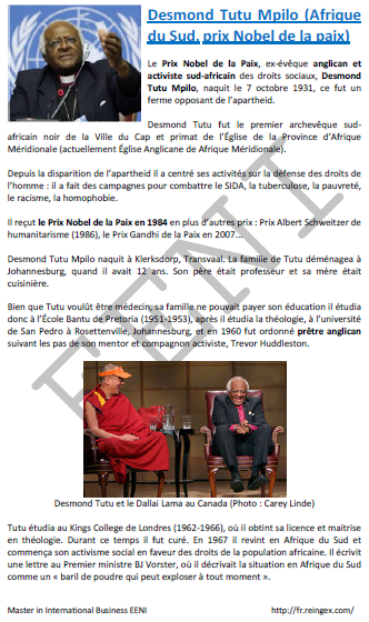 Desmond Tutu. Prix Nobel de la paix. Non-violence. Anglican (Afrique du Sud)