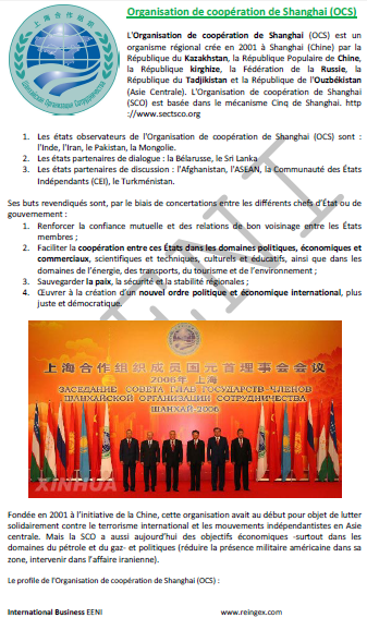 Organisation de coopération de Shanghai (SCO) : le Kazakhstan, la Chine, la République kirghize, la Russie, le Tadjikistan et l’Ouzbékistan